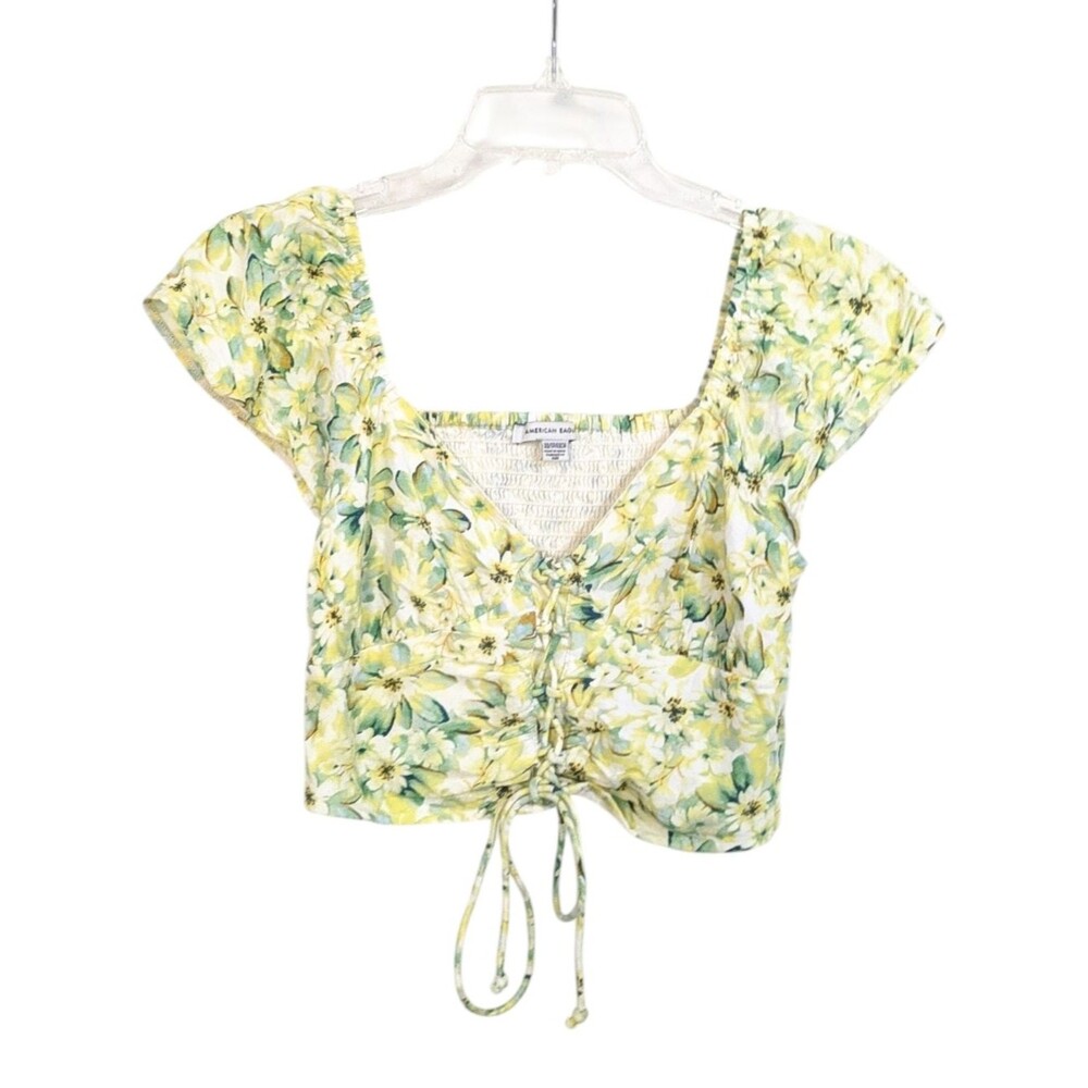 American Eagle Outfitters Yellow Floral Tie Front Smocked Crop Top Size XS Women